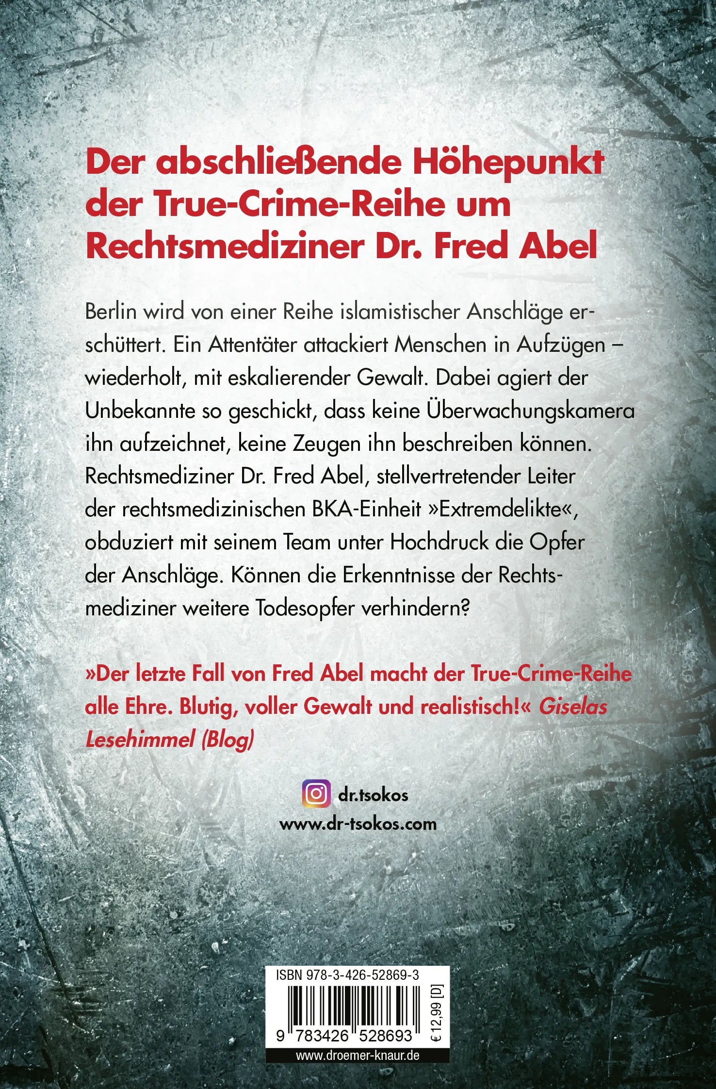 Buchrückseite von 'Zerteilt' mit Klappentext - Taschenbuch