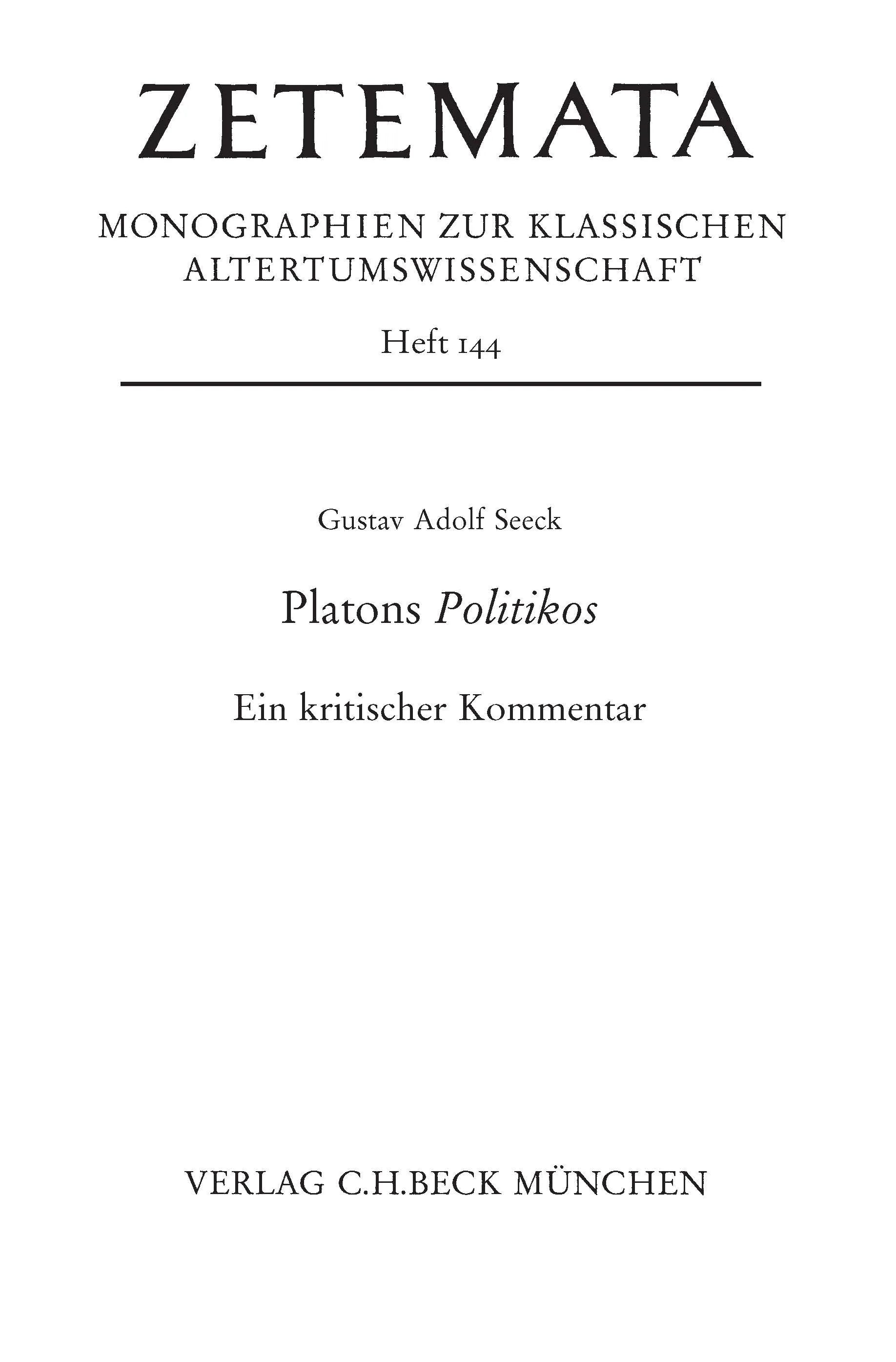 Buchcover von 'Zetemata / Platons Politikos' - Taschenbuch von Gustav Adolf Seeck