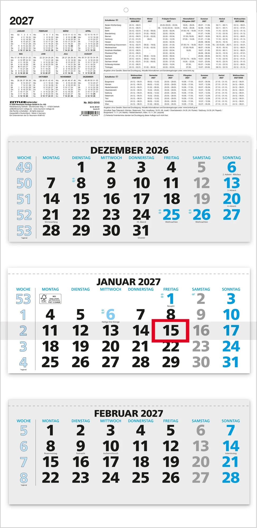 Wandkalender: ZETTLER 3-Monatskalender blau 2027