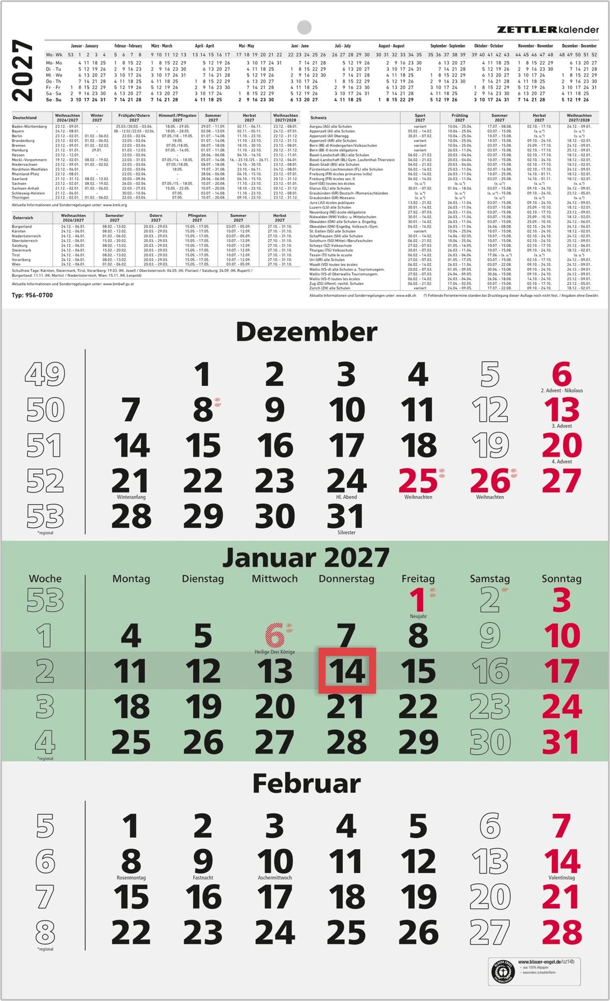 Wandkalender: ZETTLER 3-Monatskalender grün Blauer Engel* 2027