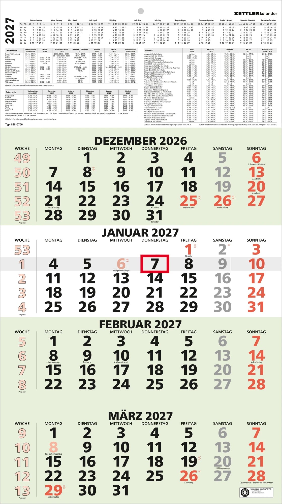 Wandkalender: ZETTLER 4-Monatskalender grün Blauer Engel* 2027