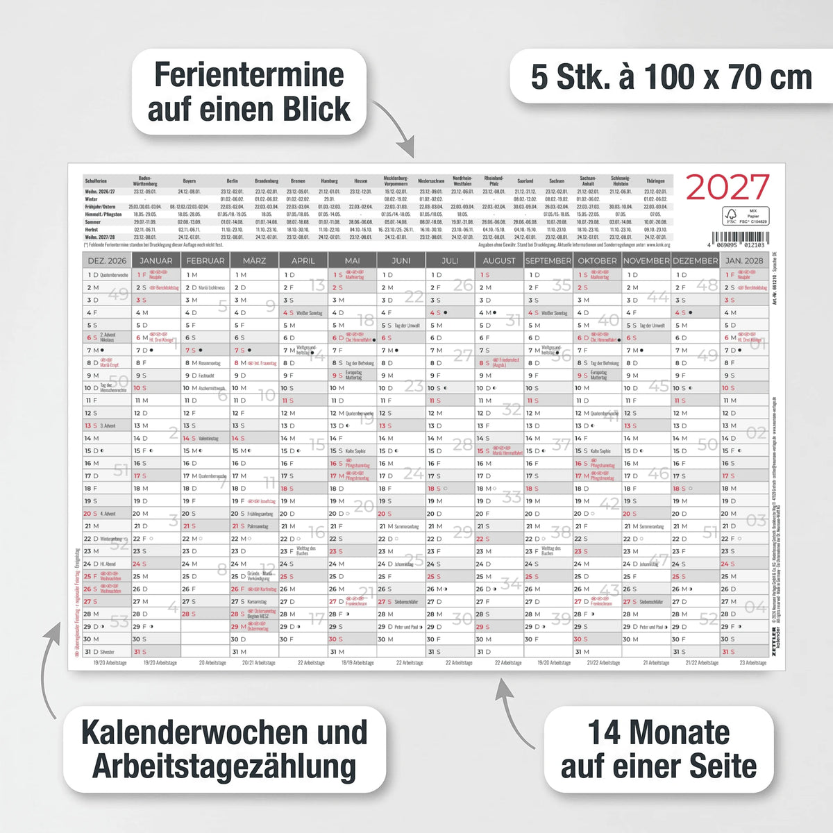 ZETTLER Großer Wandplaner 14 Monate 5 Stk. gerollt 2027 – Ansicht