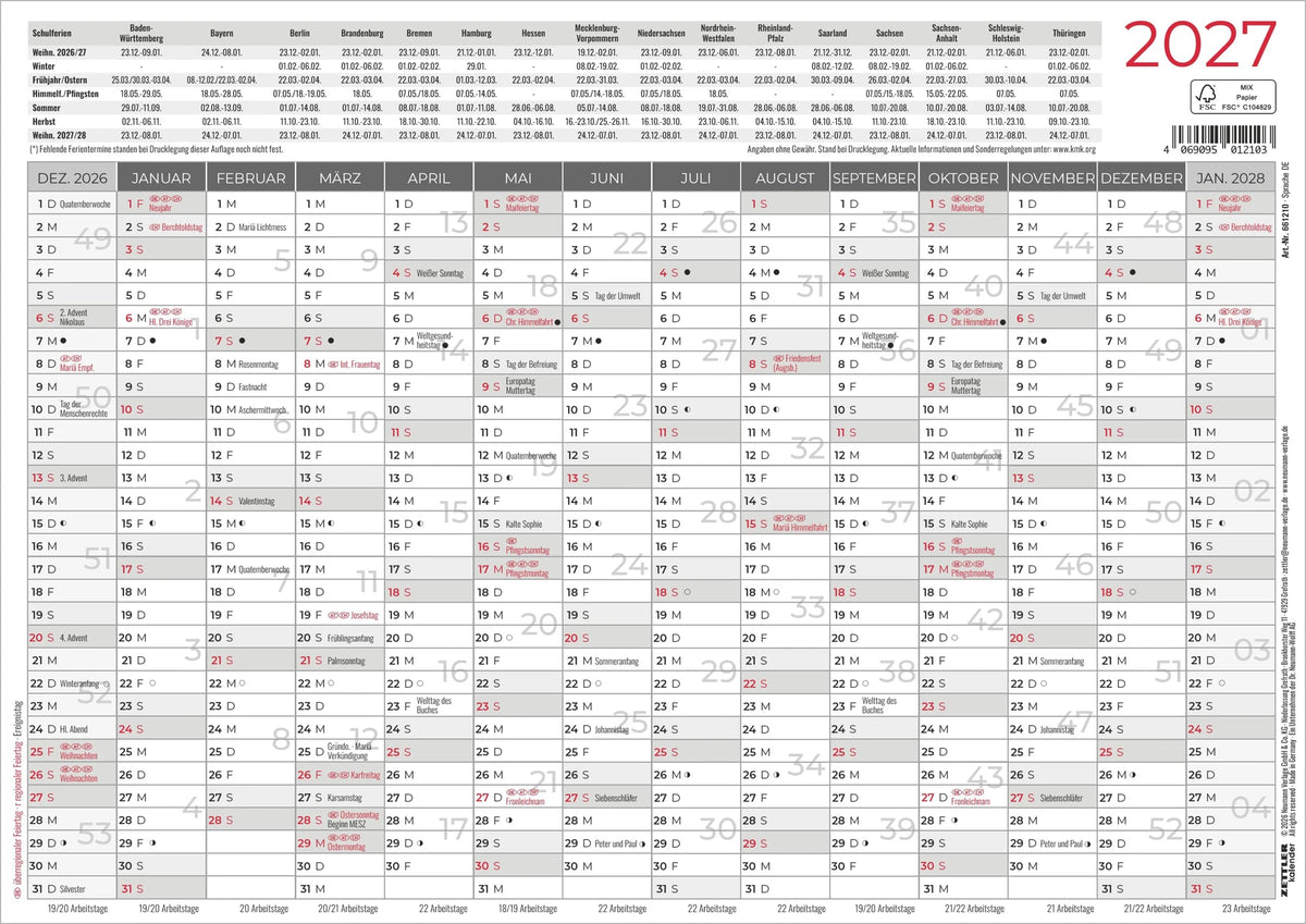 Wandkalender: ZETTLER Großer Wandplaner 14 Monate 5 Stk. gerollt 2027