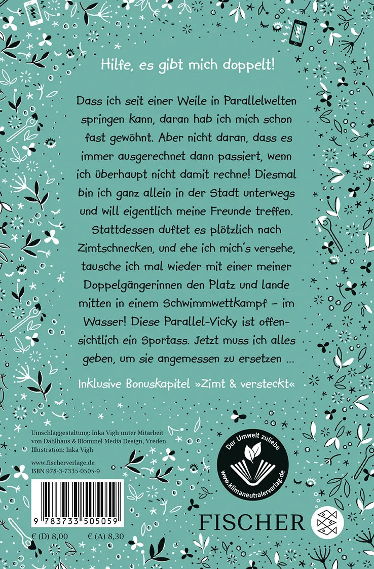 Buchrückseite von 'Zimt und verwünscht − Die vertauschten Welten der Victoria King' mit Klappentext - Taschenbuch