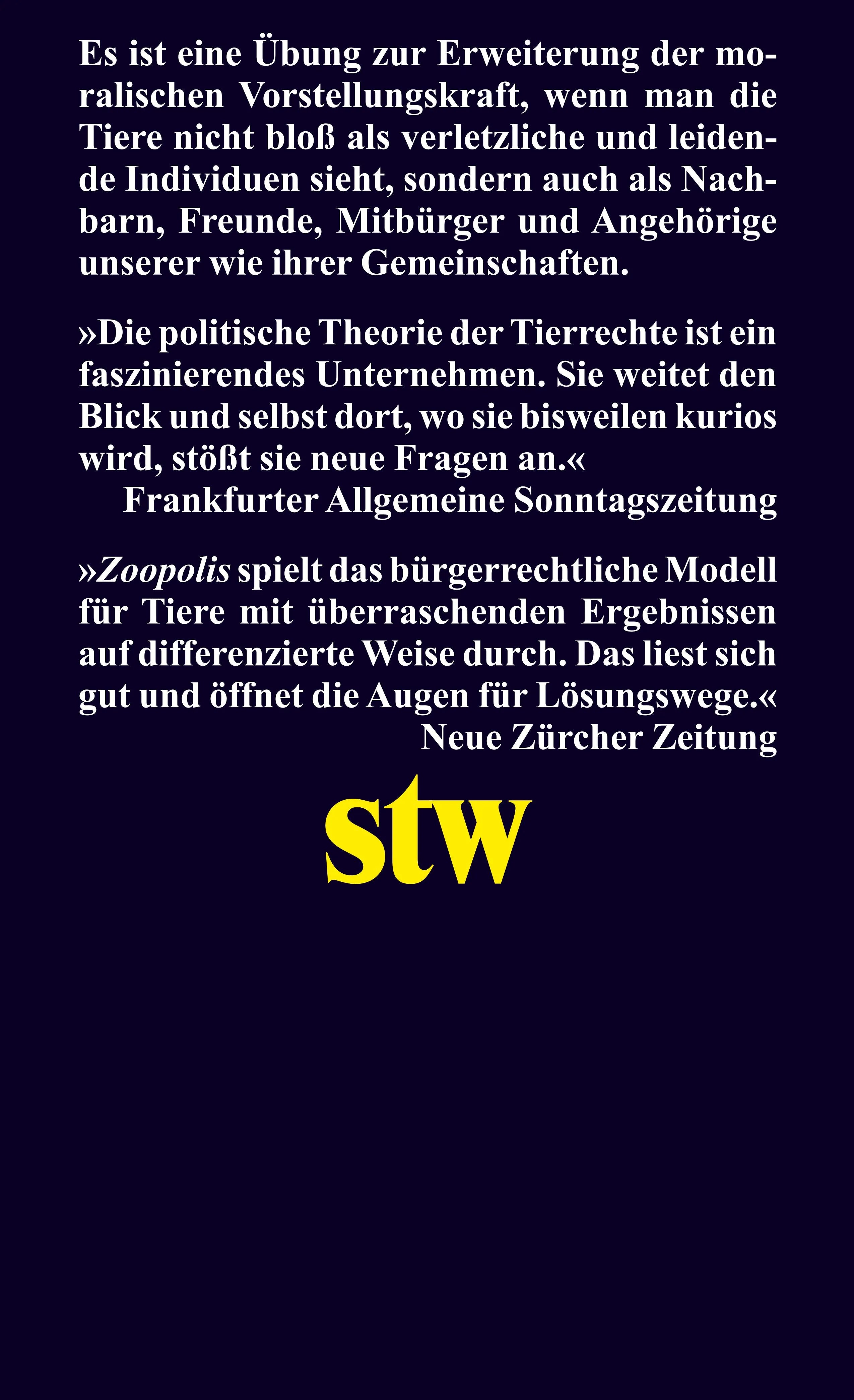 Buchrückseite von 'Zoopolis' mit Klappentext - Taschenbuch