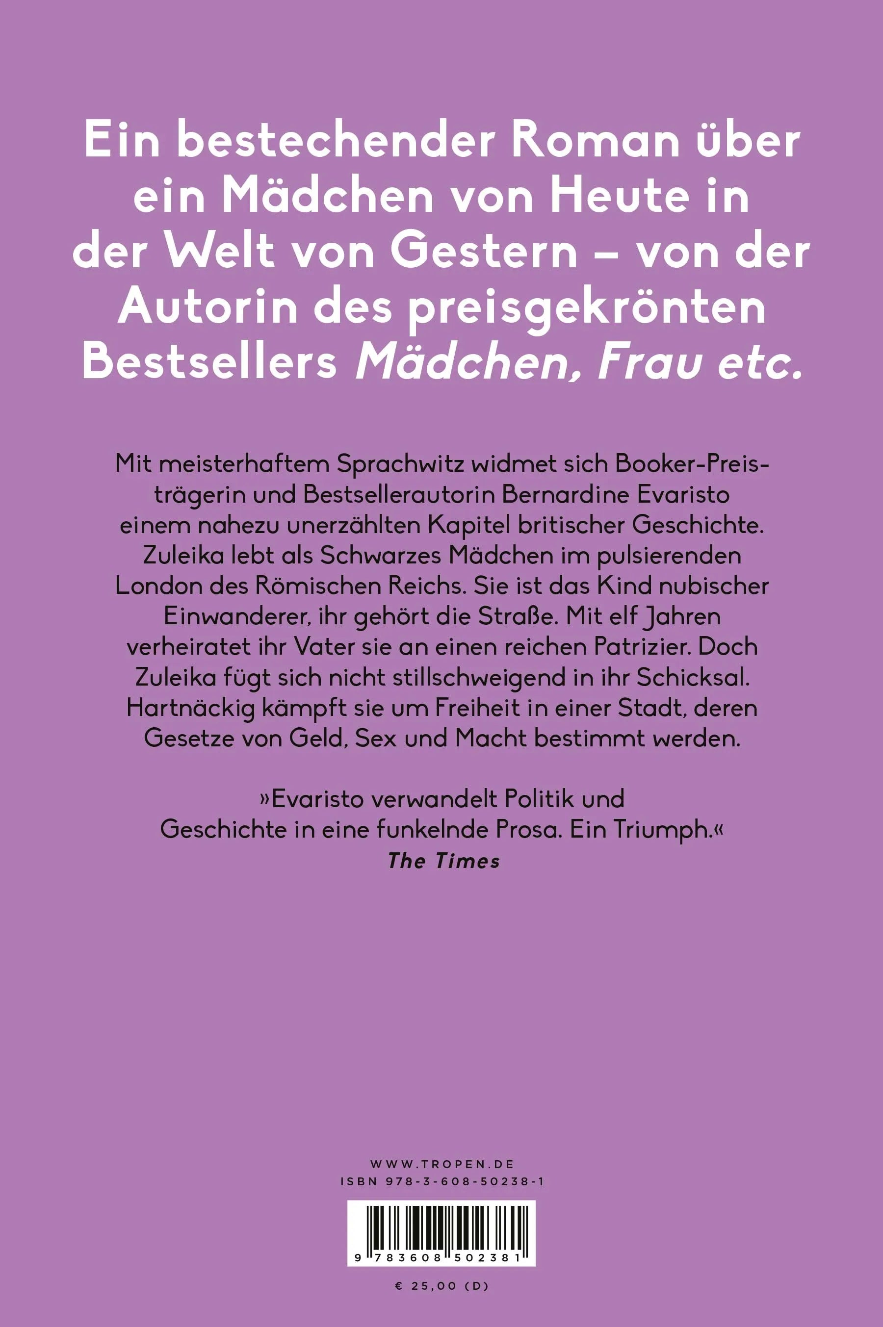 Buchrückseite von 'Zuleika' mit Klappentext - Gebundene Ausgabe