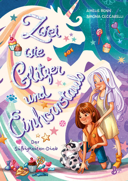 Buchcover von 'Zwei wie Glitzer und Einhornstaub - Der Süßigkeiten-Dieb' - Gebundene Ausgabe von Amelie Benn