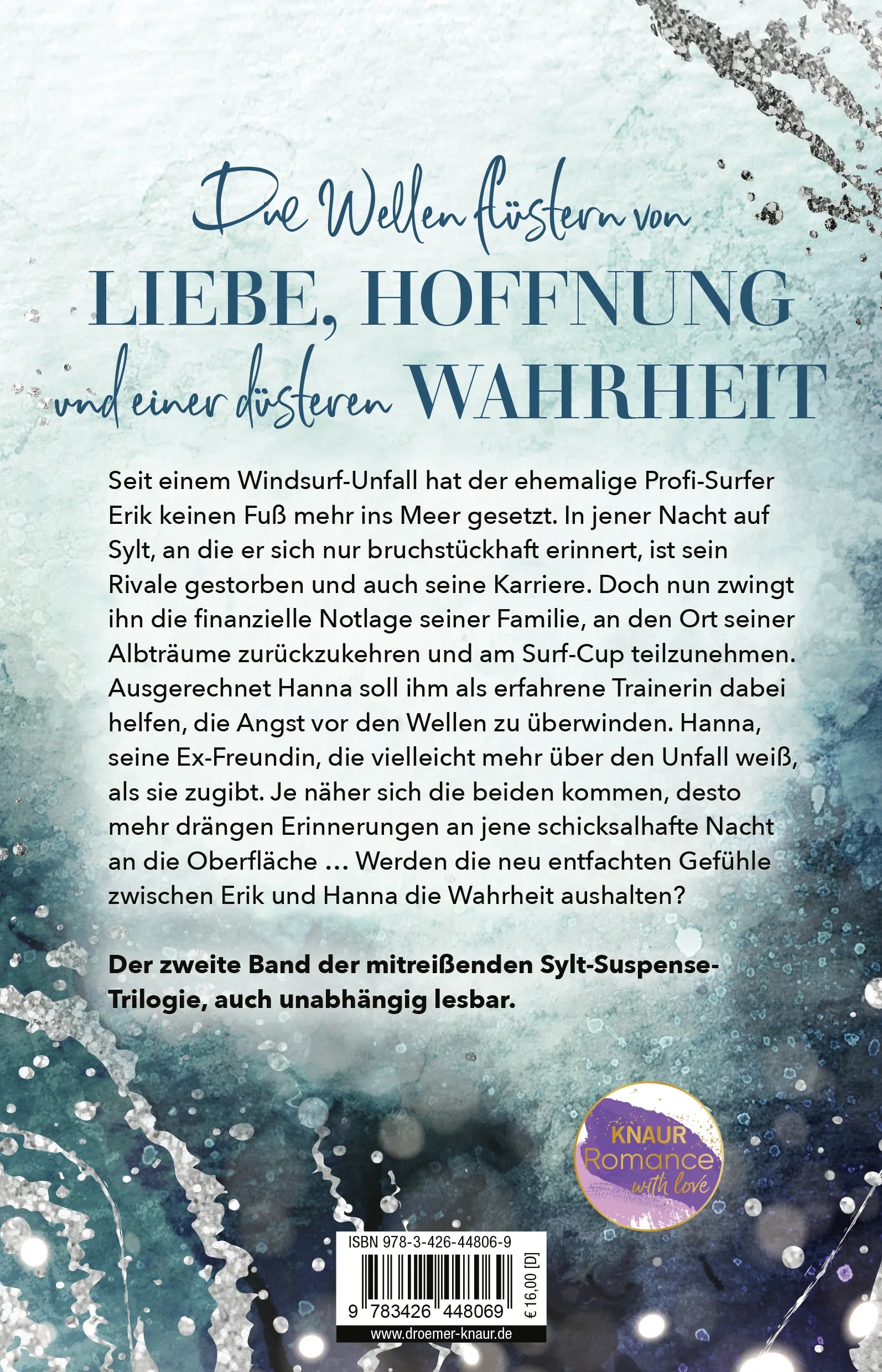 Buchrückseite von 'Zwischen uns das Flüstern der Wellen' mit Klappentext - Paperback